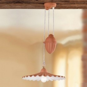 Lampadario saliscendi plissettato in terracotta con contrappeso rustico country – Ø 43 cm