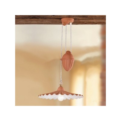 Lampadario saliscendi plissettato in terracotta con contrappeso rustico country – Ø 43 cm