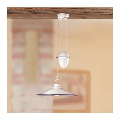 Lampadario saliscendi in ceramica con contrappeso e piatto liscio stile vintage - Ø 43 cm