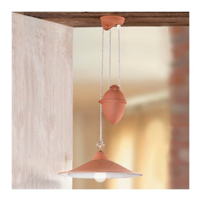 Terracotta sliding chandelier with smooth plate and rustic country counterweight - Ø 43 cm