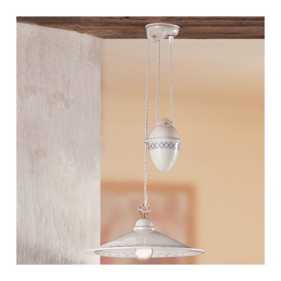 Lampadario saliscendi in ceramica con contrappeso e piatto liscio bordo decorato - Ø 43 cm