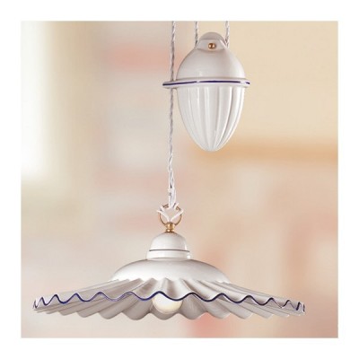 Lampadario saliscendi in ceramica con contrappeso e piatto plissettato vintage - Ø 43 cm