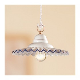 Lámpara de araña plana de cerámica plisada con borde azul country vintage - Ø 28 cm