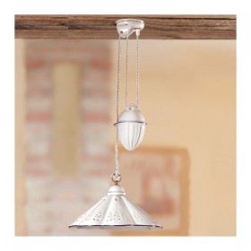 Lampadario saliscendi in ceramica con contrappeso e piatto plissettato con bordo traforato - Ø 39 cm