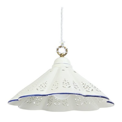 Flat pleated ceramic chandelier with perforated edge, country vintage - Ø 39 cm