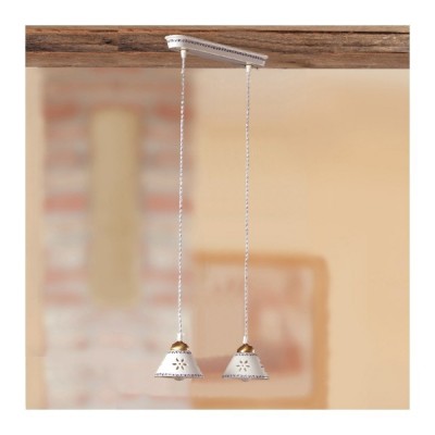 Suspension 2 lumières en céramique avec plaque perforée et décorée