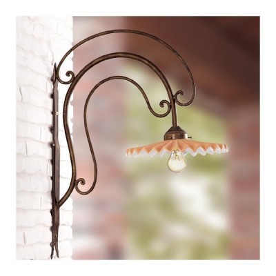 Applique lampada da parete in ferro battuto con piatto in cotto plissettato decorato rustico country - Ø 28 cm