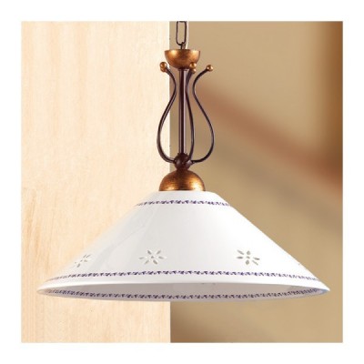 Suspension en fer forgé avec plaque en céramique perforée au décor champêtre - Ø 40 cm