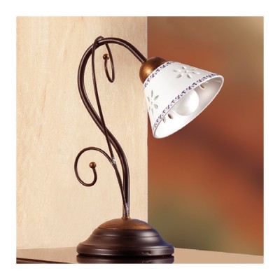 Lampada da tavolo in ferro battuto a 1 luce con piatto in ceramica traforato decorato country – Ø 14 cm