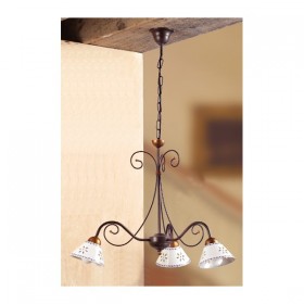 Suspension en fer forgé à 3 lumières en céramique perforée et décor champêtre vintage - Ø 60 cm