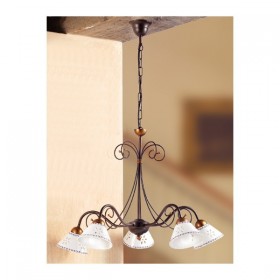 Suspension en fer forgé à 5 lumières en céramique perforée et décor champêtre vintage - Ø 60 cm