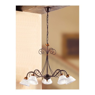Wrought iron pendant lamp with 5 lights in perforated ceramic and decorated vintage country - Ø 60 cm