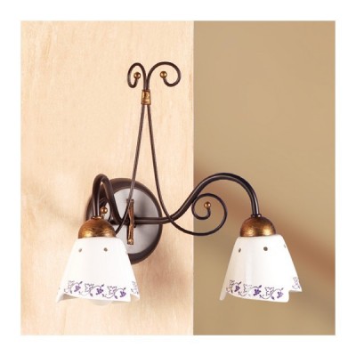 Applique wall lamp in wrought iron with 2 lights with vintage country decorated plate - Ø 14 cm
