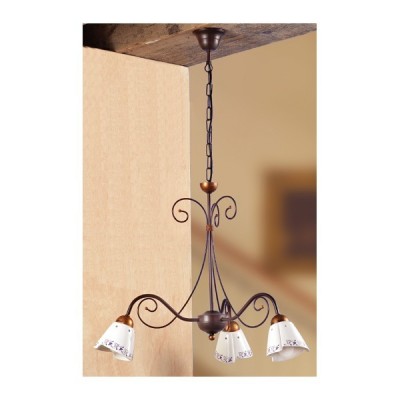 Lámpara colgante de hierro forjado con 3 luces en cerámica decorada estilo country vintage - Ø 60 cm