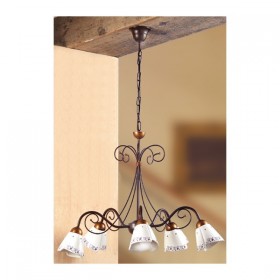 Suspension en fer forgé à 5 lumières en céramique décor champêtre vintage - Ø 60 cm