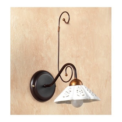 Applique wall lamp in wrought iron with vintage country perforated ceramic plate - Ø 14 cm