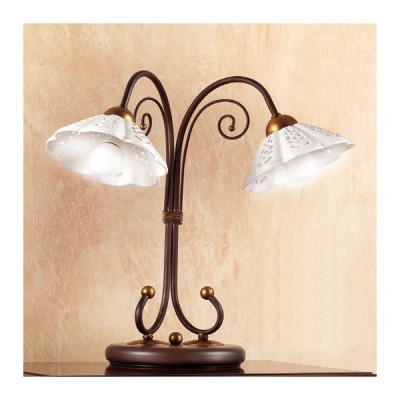 2-flammige Tischlampe aus Schmiedeeisen mit gewellter perforierter Vintage-Keramikplatte im Landhausstil – Ø 14 cm