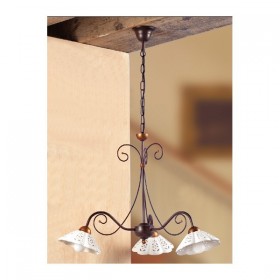 Vintage-Pendelleuchte aus Schmiedeeisen im Landhausstil mit 3 Leuchten aus perforierter und gewellter Keramik – Ø 60 cm