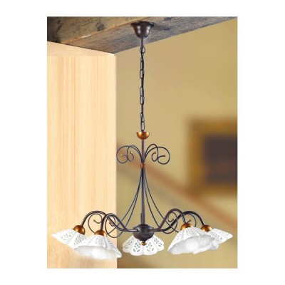Wrought iron pendant lamp with 5 lights in perforated and wavy ceramic vintage country - Ø 60 cm