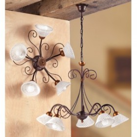 Hängelampe aus Schmiedeeisen mit 5 Lichtern in Retro-Vintage-Keramik-Spaghetti – Ø 60 cm