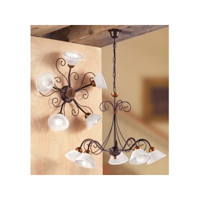 Hängelampe aus Schmiedeeisen mit 5 Lichtern in Retro-Vintage-Keramik-Spaghetti – Ø 60 cm