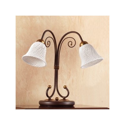 Lampe de table 2 lumières avec plaque en céramique vintage country spaghetti bell - Ø 14 cm