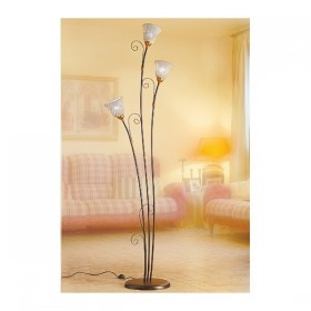 Lampadaire 3 lumières en fer forgé avec plaques en forme de cloche travaillées en spaghetti de style rustique vintage - h 183 cm
