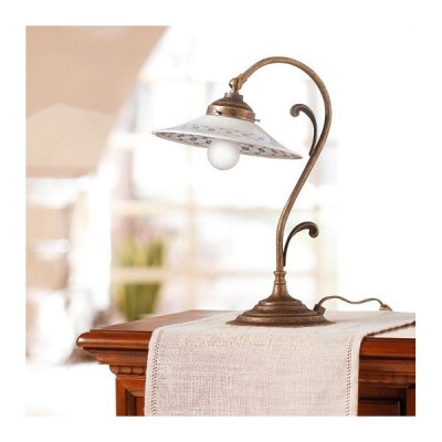 Lampada da tavolo in ottone e paralume in ceramica liscia decorata stile country – Ø 21 cm