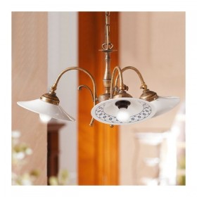 3-flammige Pendelleuchte aus Messing mit Lampenschirmen aus Keramik im Retro-Landhausstil – Ø 58 cm