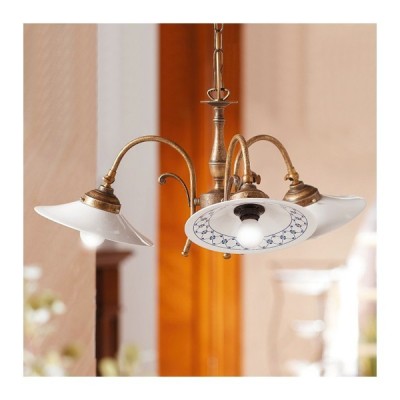 3-light brass pendant lamp with retro country decorated ceramic lampshades – Ø 58 cm
