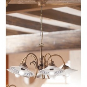 Suspension 5 lumières en laiton et plaque en céramique décorée rétro vintage - Ø 63 cm