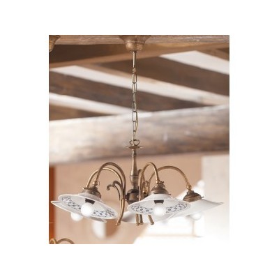 Lámpara colgante con 5 luces de latón y placa de cerámica decorada retro vintage - Ø 63 cm