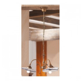 Suspension 3 lumières en laiton avec abat-jour rétro country en céramique plissée – Ø 58 cm