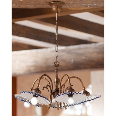 Pendant lamp with 5 lights in brass and retro vintage pleated ceramic plate - Ø 63 cm