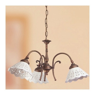 Suspension 3 lumières en laiton avec abat-jour rétro country en céramique perforée – Ø 58 cm