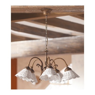 Pendelleuchte mit 5 Leuchten aus Messing und perforierter Retro-Vintage-Keramikplatte – Ø 63 cm