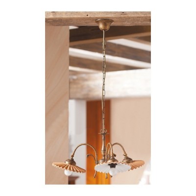 Suspension 3 lumières en laiton avec abat-jour vintage country plissé en terre cuite – Ø 40 cm
