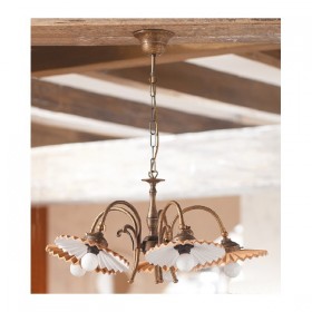 Suspension 5 lumières en laiton et plaque rétro vintage en terre cuite plissée - Ø 63 cm