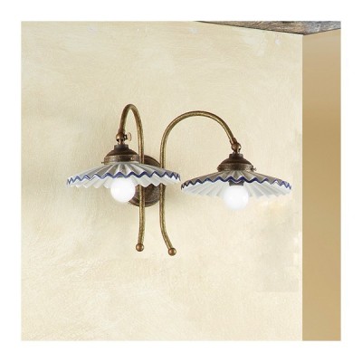 Applique wall lamp with 2 lights in brass and retro style pleated ceramic plates - Ø 21 cm