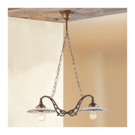 Lampe à bascule en laiton 2 lumières avec plaques en céramique plissée rétro country - Ø 60 cm