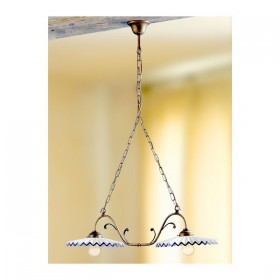 Lampada a bilanciere a 2 luci in ottone con piatti in ceramica plissettata vintage country – Ø 80 cm