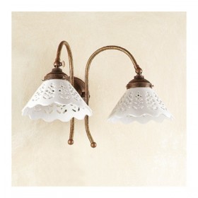 Applique lampada da parete a 2 luci in ottone e piatti in ceramica traforati stile retrò vintage – Ø 18 cm