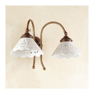 Aplique de pared con 2 luces de latón y placas de cerámica perforadas de estilo retro vintage - Ø 18 cm