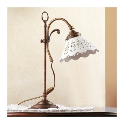 Lampada da tavolo in ottone e paralume in ceramica traforato country retrò – Ø 18 cm
