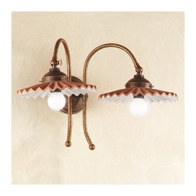 Applique wall lamp with 2 lights in brass and pleated terracotta plates in retro country style - Ø 21 cm