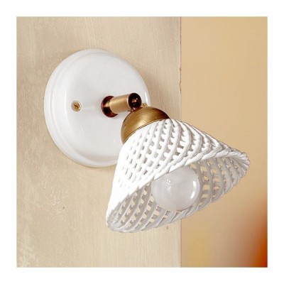 Applique lampada da parete a 1 luce in ceramica bianca con lavorazione a spaghetto rustica country – Ø 14 cm