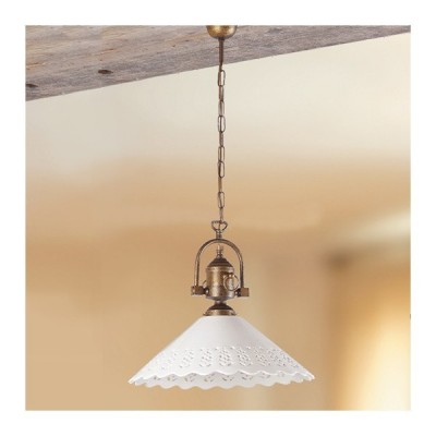 Lampada a sospensione in ottone con paralume in ceramica traforato vintage country – Ø 40 cm