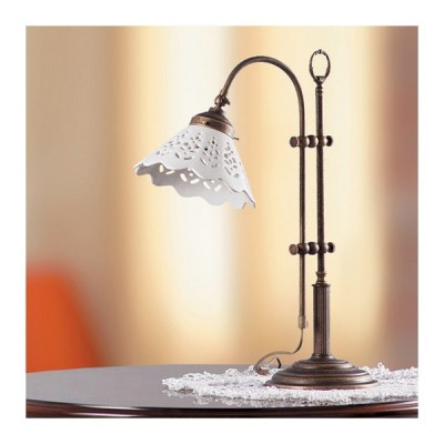 Lampada da tavolo in ottone e paralume in ceramica traforato country retrò – h 58 cm