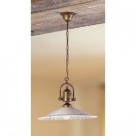 Lampe à suspension en laiton avec abat-jour en céramique au décor champêtre vintage – Ø 43 cm