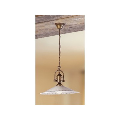 Lampe à suspension en laiton avec abat-jour en céramique au décor champêtre vintage – Ø 43 cm